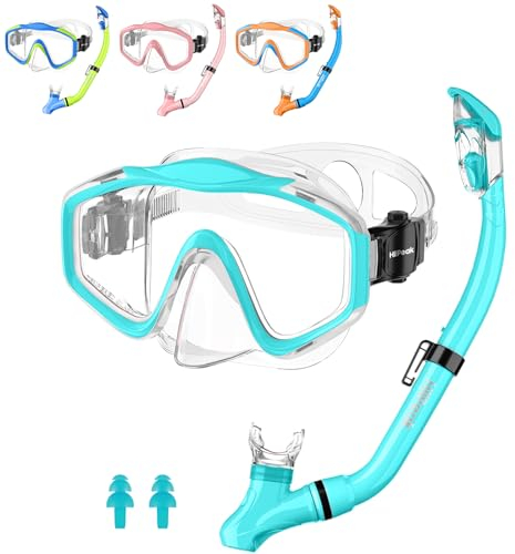 Hiipeak Schnorchelset Kinder, Kinder Schnorchelset Jugendliche Taucherbrille Junge Mädchen, Anti-Fog, Anti Leck Taucherbrille mit Dry Schnorchel für Schnorcheln und Tauchen (Hellblau)
