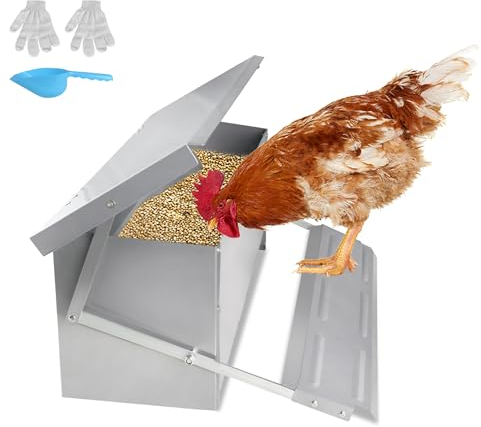 YRHome 10 kg Automatischer Hühner Futterautomat Geflügel-Futterspender Mit rattenfesten Füßen & wasserfesten Deckel Hühnerfutterautomat verzinkter Stahl für Geflügel Hühner, Enten, Gänse