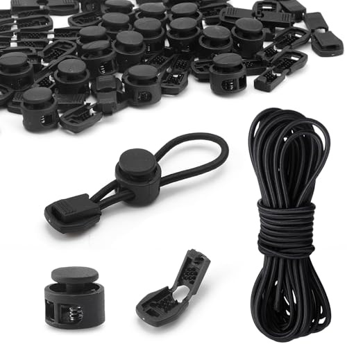 ZMDMAH 10 m, elastiskt gummiband, 3 mm med 40 snörstopp, sladdklämma, 20 sladdstopp, 2 hål, elastiskt band, runt snöre, elastiskt gummirep, gummisnodd för dragsko, ryggsäck, klänning, tvättlina