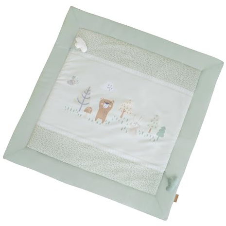 roba Krabbeldecke Woodland Buddies 100 x 100 cm - Weich gepolsterte Spielmatte für Babys ab Geburt - Spieldecke aus Baumwolle - Wolken-Applikationen & Tier-Design - Pastellgrün