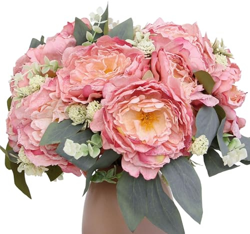 KP HOME Mazzo di Peonie Artificiali in Seta Tocco Reale - Fiori Finti Per Decorazioni con 12 Capolini Rosa, Steli H 40 cm - Composizione per Interni ed Esterni, Tavola, Matrimoni, Eventi o Cimitero
