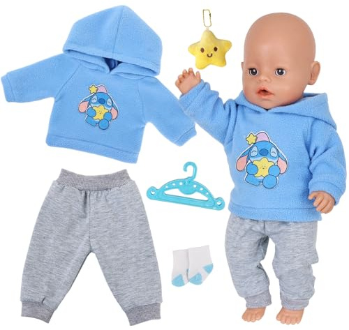 Lot de 5 vêtements de poupée pour poupées de 12 à 18 pouces - Bleu - 30-43 cm - Avec 1 sweat à capuche, 1 pantalon, 1 chaussettes, 1 cintre, 1 ornement en forme d'étoile pour poupées - Accessoires