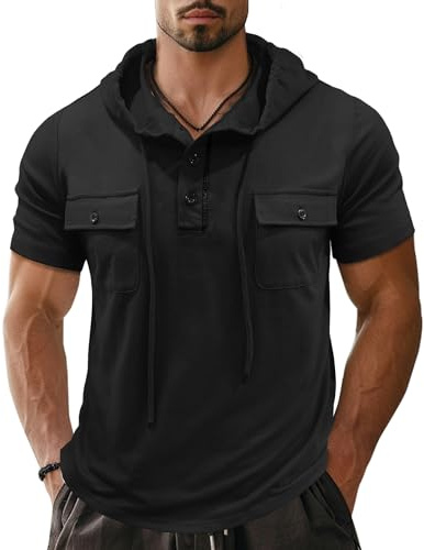 APAELEA Manches Courtes Hoodie Hommes Sport Fitness Pull Hoodie à Capuchon Bouton Muscle fit Sweatshirt d'été,Noir,XXL