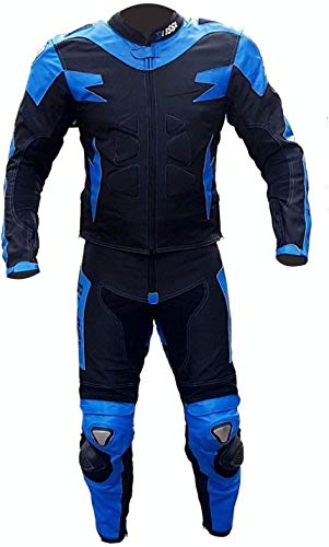 BI ESSE Combinaison de moto pour adulte en cuir et tissu, divisible en 2 pièces veste et pantalon, réglable (Bleu/Noir, XS)