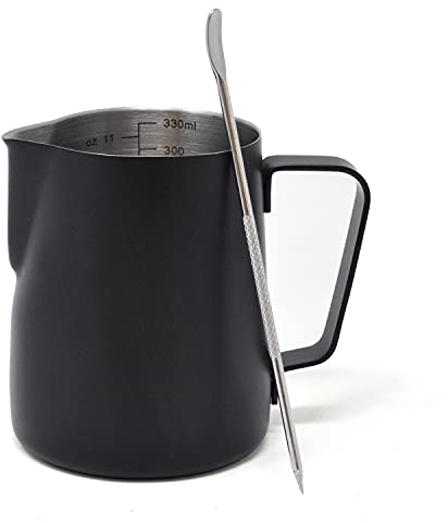 Joeji's Kitchen Pot a Lait Inox 350ml - Pichet Lait avec Mesure Mark et Latte Art Pen - Pot à lait parfait pour l'espresso cappuccino barista - Noir…