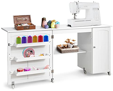 COSTWAY Tavolo Pieghevole da Cucito, Tavolo Versatile a Ribalta con Superficie Ampia, Scrivania per Computer con Ruote Bloccabili, Ideale per Salone Camera da Letto Studio (Bianco)