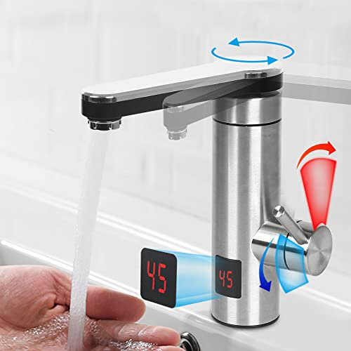 Electric Instant Hot Water Tap, 220 V Stainless Kitchen Heating Faucet, Sink Mixer Heating Hot Tap Supply Hot and Cold Water, Heater Faucet with LED Temperature Digital Display for Home Bathroom