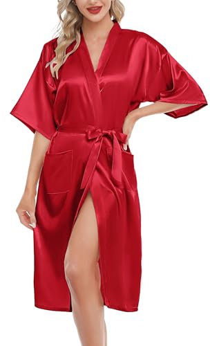 Lovasy Kimono Dressing Gowns Satin Kimono Robe Silk Dressing Gown for Women UK Long Silk Bride and Bridesmaid Robes,Red,XL