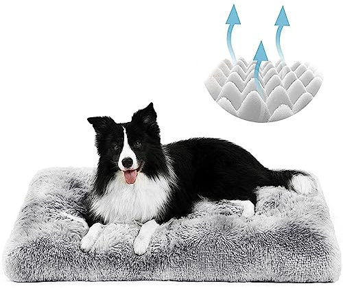 YAGE Large Dog Bed Washable - Memory Foam Orthopedic Dog Bed and Mattress Mat for Dog Crate Long Plush Dog Bed Ultra Soft Bed Flannel Calming Dog Bed for Anxiety Dogs (L-90x70x10cm, Grey)