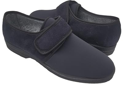 Fly Nature Zapatillas cálidas para hombre para invierno, piel de cordero, zapatos diabéticos con cierre de velcro para hombres y personas mayores, zapatillas ortopédicas, Black Low Top, 42 EU