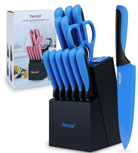hecef Professional Knife Block Set with Knives Featuring Built-in Sharpening & Non-Sticking Coating - Crafted from High Carbon Stainless Steel (Blue)
