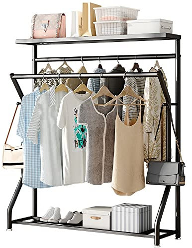 Kleiderstange, Kleiderständer, Metall-Kleiderständer, robuster Schrank-Aufbewahrungsorganisator mit doppelter Hängestange und unterem Ablagefach für Kisten, Schuhe, Stiefel, schwarz, 150 x 40 x 160