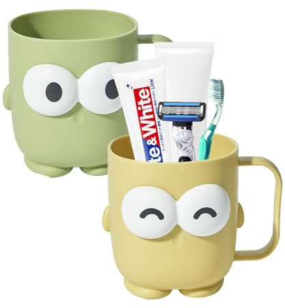Minging 2 Pièces Gobelet Brosse à Dent en Plastique pour Salle De Bain Porte avec Motif De Bande Dessinée, Multifonctionnel Enfant avec Poignée Réutilisable