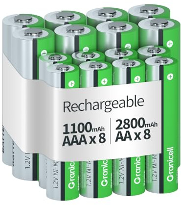 Granicell 16 Sets AA AAA Rechargeable Batteries,High Capacity 8-Pack AA 2800mAh & 8-Pack AAA 1100mAh,1.2V NiMH Low Self Discharge