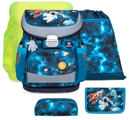 Belmil ergonomischer Schulranzen Set 5-teilig mit Regenschutz 1, 2 Klasse Grundschule/Super Leicht 800-860 g/Brustgurt 405-33/AG/S/R (Infinity Space)