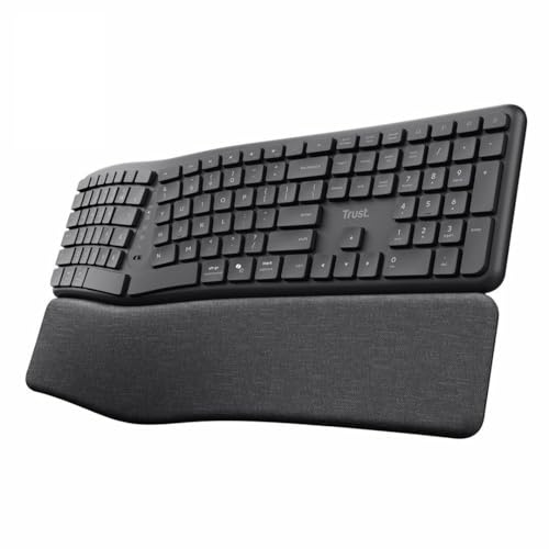 Trust Keyra Tastiera ergonomica senza fili US QWERTY Bluetooth + 2,4 GHz, tastiera wireless con layout diviso per più dispositivi con supporto per palmo, PC computer, laptop, Mac, nero