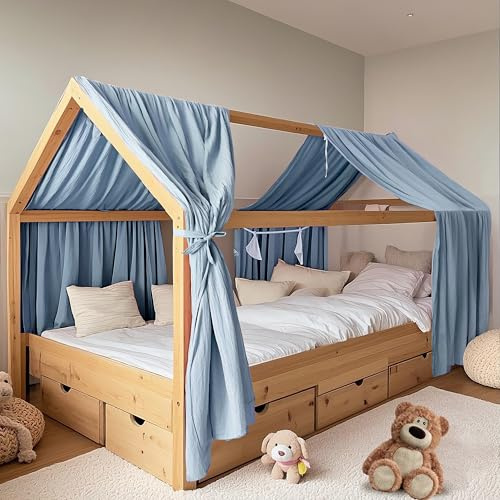 FloraVigo Dosel de cama para el hogar, 2 unidades, hecho a mano con muselina de algodón 100%, dosel de tela para decoración de la cama del hogar, para niñas y niños (juego de 2, 65 x 270 cm, azul)