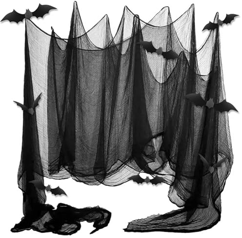 Spetsbst Panno nero, 6 pezzi, decorazione per Halloween, 76 x 183 cm, decorazione horror, garza, panno spaventoso, con 12 adesivi a pipistrello, per porte, porte, verande, finestre, casa infestata