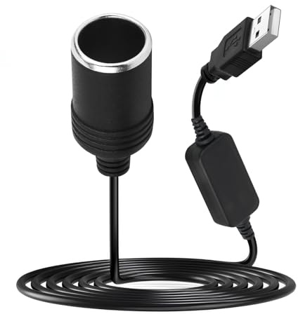 Adaptador USB a Encendedor de Cigarrillos 12V, convertidor de 5V a 12V, Conector Macho a Hembra, Enchufe USB de Coche para Encendedor, Compatible con dashcam, DVR, GPS, Bomba de Aire (1,2m)
