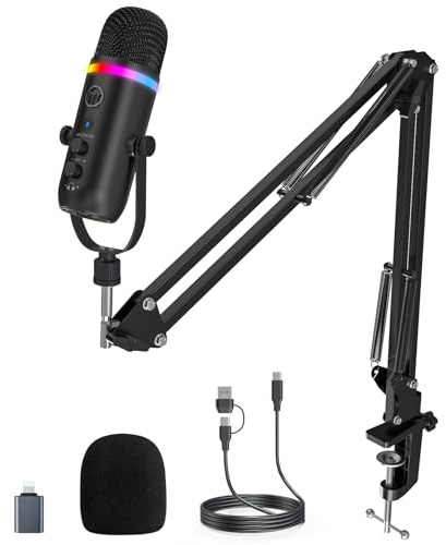 zealsound USB Microphone for PC & Phone, RGB Gaming Mic with Arm, Noise Cancellation, Mute/Gain/Echo Control, Adapter for USB-C & iPhone, for Podcast, Gaming, Live Stream, Recording, TikTok, YouTuber