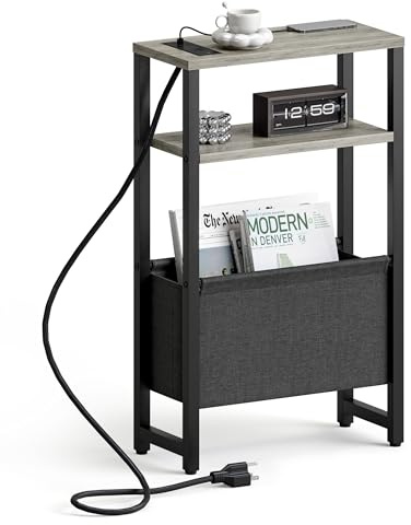 IRCPEN Narrow Side Table with Charging Station Slim End Table Sofa with Magazine Rack, Bedside Table for Small Spaces, 3 Tier Nightstand for Living Room Couch, Bedroom Oak Grey LET503QE