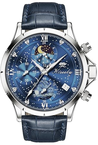 Kiseely Uhren Herren Edelstahl Armbanduhr Chronograph Quarz Herrenuhr Große, Mondphase Analog Quarz Armbanduhren Stylisch Klassisch Armbanduhr Mit Datum (Blaues Lederband K1)