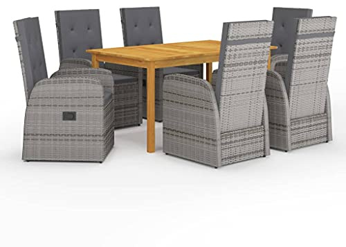 RMIHSJG 7-TLG. Gruppo da giardino grigio in legno di acacia con sedie in rattan PE e schienale regolabile, inclusi cuscini imbottiti resistenti alle intemperie per terrazza e balcone, durevole