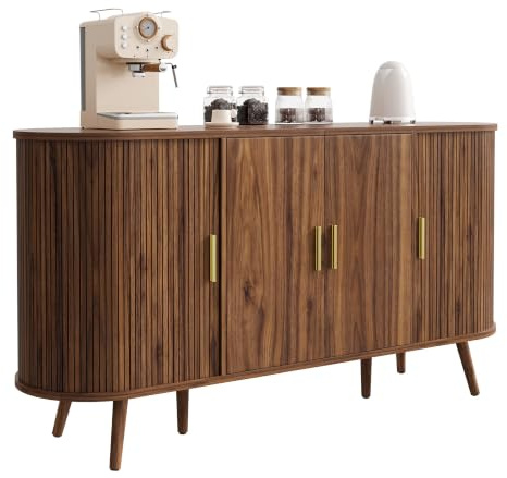 HAINEW HD26070305 - Cómoda con 2 puertas correderas y 2 puertas de madera, armario auxiliar con bordes redondeados, 150 x 40 x 79 cm, color nogal