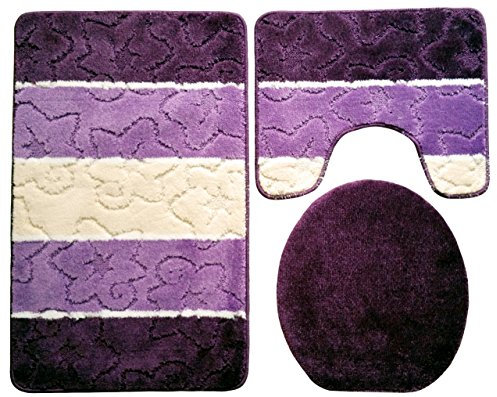 Orion Badgarnitur 3 TLG. Set 50x80 cm Mehrfarbig gestreift, WC Vorleger mit Ausschnitt für Stand-WC (Beere Flieder Creme)
