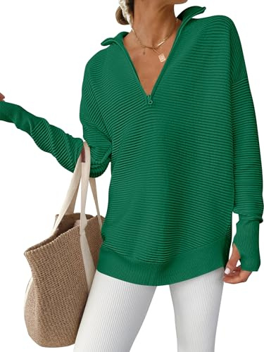 ANRABESS Womens Long Sleeve Quarter Zip Pullover Sweater Casual Loose V Neck Collared Ribbed Knit Jumper Tops Thumb Hole Green Large