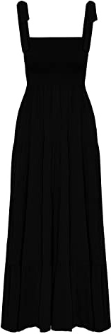 kinstell Robe Longue d'été bohème à Bretelles Spaghetti et col carré à Volants pour Femme - Robe Longue Fluide et décontractée pour la Plage, Les fêtes, Noir, Taille M