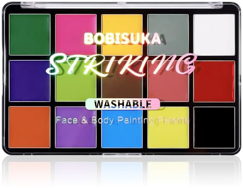 BOBISUKA Face Body Paint, 15 Color Professional Face Painting Palette for Art Theater Halloween Party Cosplay Clown Sfx Makeup for Women Adults, Non-Toxic Washable
