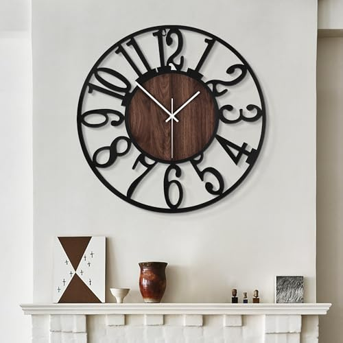 LEIKE Large Wall Clocks,Silent,Non Ticking,Battery Operated Rustic Round Modern Big Wood Wall Clock for Living Room, Bedroom,Kitchen,Farmhouse,Office,Home Decor-16 Inch(Black-Arabic Number)