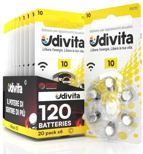 120 Pile Per Apparecchi Acustici Udivita Misura 10 Batterie Zinco Aria - 20 Blister da 6 Pile