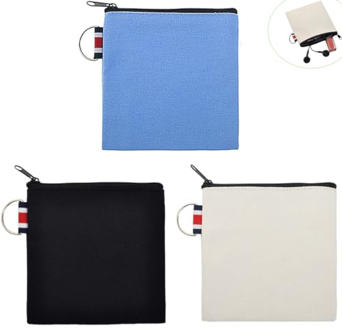DraCra 3 Pack Small Canvas Zipper Pouch with Hanging Ring Square Pocket Carrying Purse Travel Storage Organizer Case Mini Toiletry Bag for Makeup Lipstick Cosmatic Change Coins Earphone Charger Cable