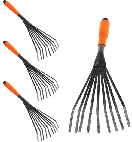 SINJEUN 4 PCS Mini Garden Rakes, 9 Claws A3 Steel Hand Leaf Rakes with Orange Black Handle, Fallen Leaves Rakes for Gardening
