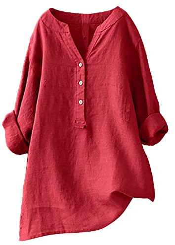 Chemisier et Blouse Femme Tunique Grande Taille Longue Haut Habillé T-Shirt Oversize Très Large Tee-Shirt Manche Longue Coton Blouse Rouge XL
