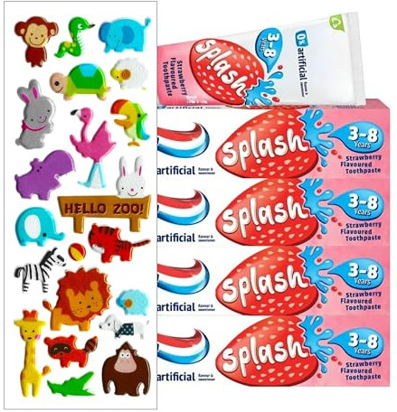 4 Pack Bundle Multipack - Aquafresh Splash Toothpaste 3-8 Years Strawberry Flavour (4X 50ml). A Hadco Bundle with Our Free Puffy Sticker Sheet (Sticker Sheets are Selected at Random) Kids Toothpaste.