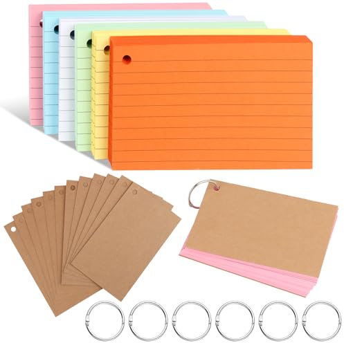 TNEDFOD 300 Blätter Karteikarten, 12,3 x 7,3 cm Linierte Karteikarte mit Ring und Kraftpapier Karten, Bunt Papier Karten Karteikarten für Vokabeln Lernen, Lernen Formeln, Oder Notizen (6 Farben)