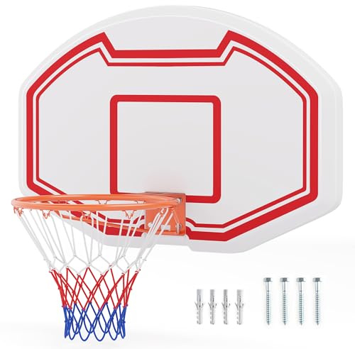 COSTWAY Panier de Basket Mural 45 cm avec Panneau Incassable, Panier Basket-Ball avec Filet Anti-Déchirure pour Adolescents Adultes Intérieur/Extérieur, 91 x 61 cm, Blanc+Rouge