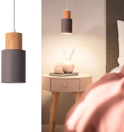 Alpinaluz Lampada da soffitto a sospensione - stile nordico minimalista - paralume cilindrico Ø10 cm in acciaio laccato grigio con dettaglio in legno naturale - Attacco E27 per cucina, sala da pranzo