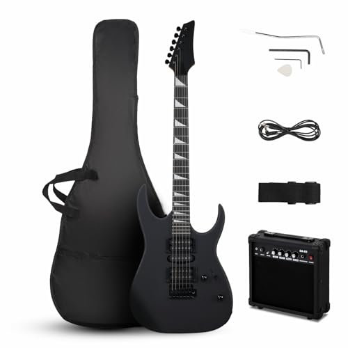 LALAHO 39 Inch Beginners Electric Guitar Kit with H-S-H Pickup, Solid Body Electric Guitar Set with 20W Amplifier, Tremolo Arm, Bag, Pick, Shoulder Strap, Cable (Matte Black)