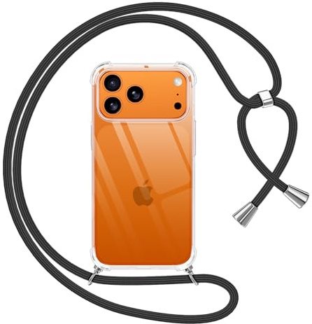 Pnakqil Coque pour iPhone 17 Pro Max avec Cordon, Transparente Silicone Housse avec Réglable de Collier Anti-Chute Etui pour iPhone 17 Pro Max, Ètuis à Bandoulière 6,9, Noir