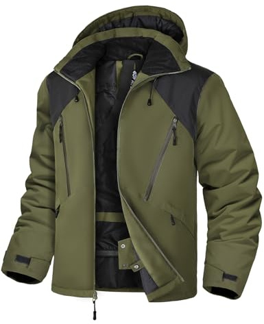 GEMYSE Herren Skijacke Wasserdichte Winterjacke Winddichte Isolierte Schneejacke mit integriertem Schneefang(Schwarz mit Armeegrün,S)