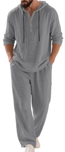 Oanviso Trainingsanzug Herren Anzug Freizeitanzug 2 Teiliges Outfit Linen Langärm Hoodie Mit Kapuze + Hosen Jogging Tracksuit Hausanzug A Grau XL