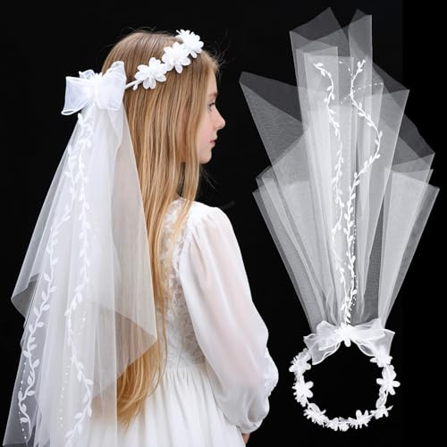 GEEHUA Diademas de primera comunión para niñas, diadema de flores blancas, velo, corona de novia, lazo, velos de boda con perlas, accesorios para mujeres y niñas