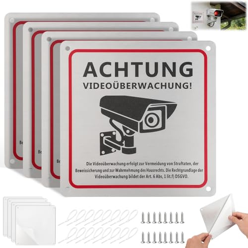 WRENYZK Lot de 4 panneaux de vidéosurveillance avec avertissement DSGVO - 15 x 15 cm - En aluminium - Pour propriété privée, vidéosurveillance avec autocollant et 4 trous de perçage