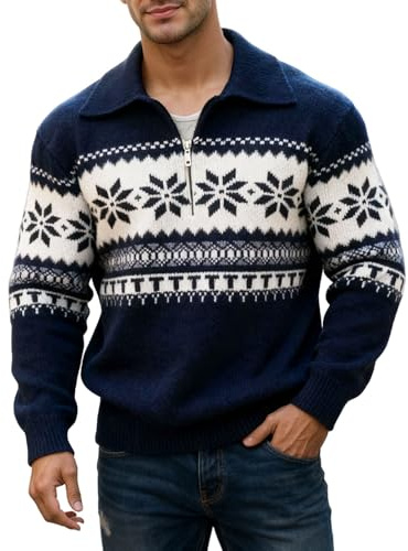 EQWIGKEIT Pull norvégien pour homme - Vintage - Col roulé - Pull à manches longues - Pull en tricot - Basique chaud - Manches longues - Avec fermeture éclair - Pull d'hiver pour homme, A3 bleu marine