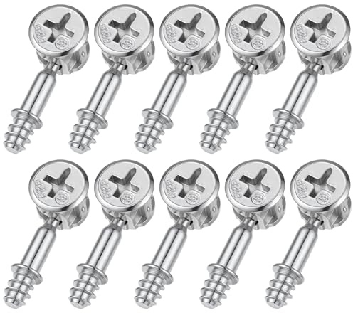 10Pcs Furniture Connecting Fittings and 10Pcs Cam Locks for Cabinets, Furniture Cam Lock Fasteners Thread Bolts Dowel Screws Furnitures Connector Bolts for Drawer and Wardrobe, Silver (28Mm Screw)