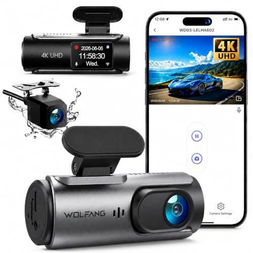 WOLFANG 4K Dash Cam Fram och Bak, Dashcam WiFi, Night Vision, WDR, 24H Parkeringsläge, 170° vidvinkel, G-Sensor, Rörelsedetektering, Loop-inspelning